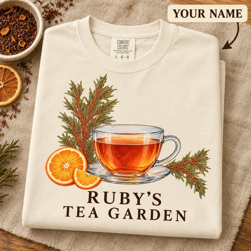 Personalized Rooibos Orange Tea Garden Shirt, Watercolor Glass Teacup Comfort Colors Tee, Custom Name Botanical Tea Lover Gift