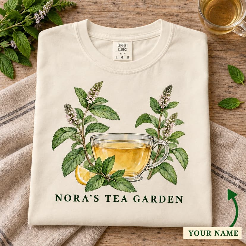 Personalized Peppermint Tea Garden Shirt, Watercolor Herbal Tea Cup Tee, Custom Name Botanical Gift, Comfort Colors 1717