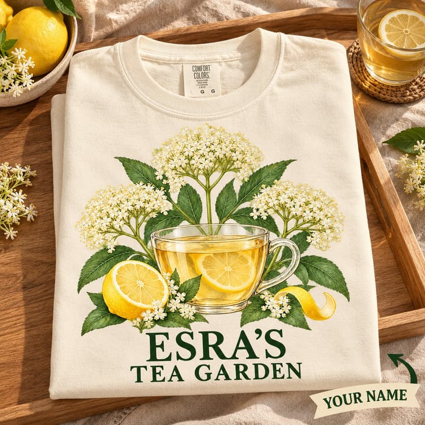 Personalized Elderflower Lemon Tea Shirt, Watercolor Glass Teacup Botanical Comfort Colors Tee, Custom Name Garden Lover Gift