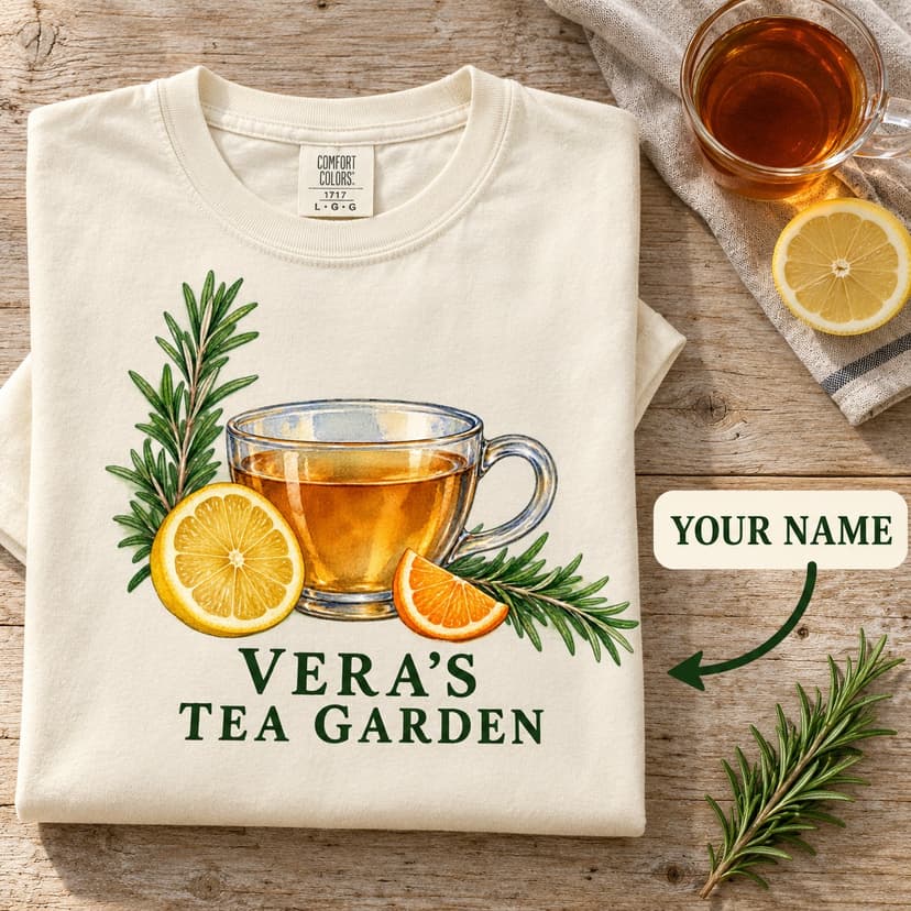 Personalized Rosemary Citrus Tea Garden Shirt, Watercolor Botanical Comfort Colors 1717 Tee, Custom Name Tea Lover Gift