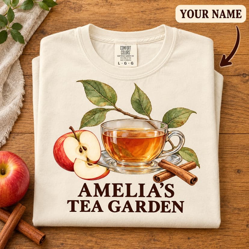 Personalized Apple Cinnamon Tea Shirt, Watercolor Tea Garden Tee, Custom Name Botanical Gift, Comfort Colors 1717