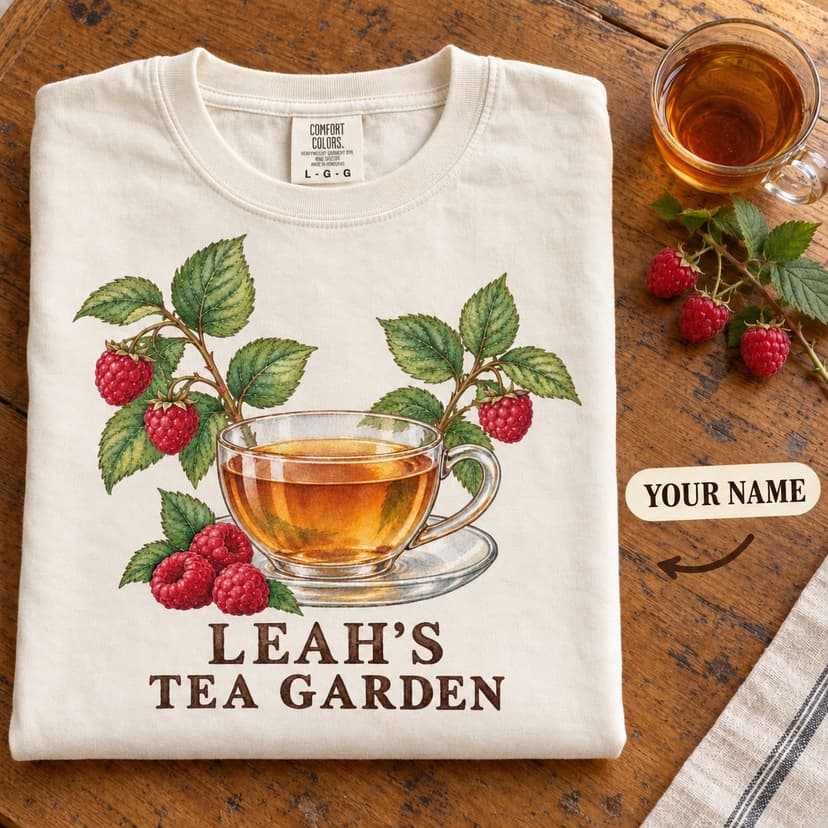 Personalized Raspberry Tea Garden Shirt, Watercolor Glass Teacup Botanical Comfort Colors Tee, Custom Name Tea Lover Gift