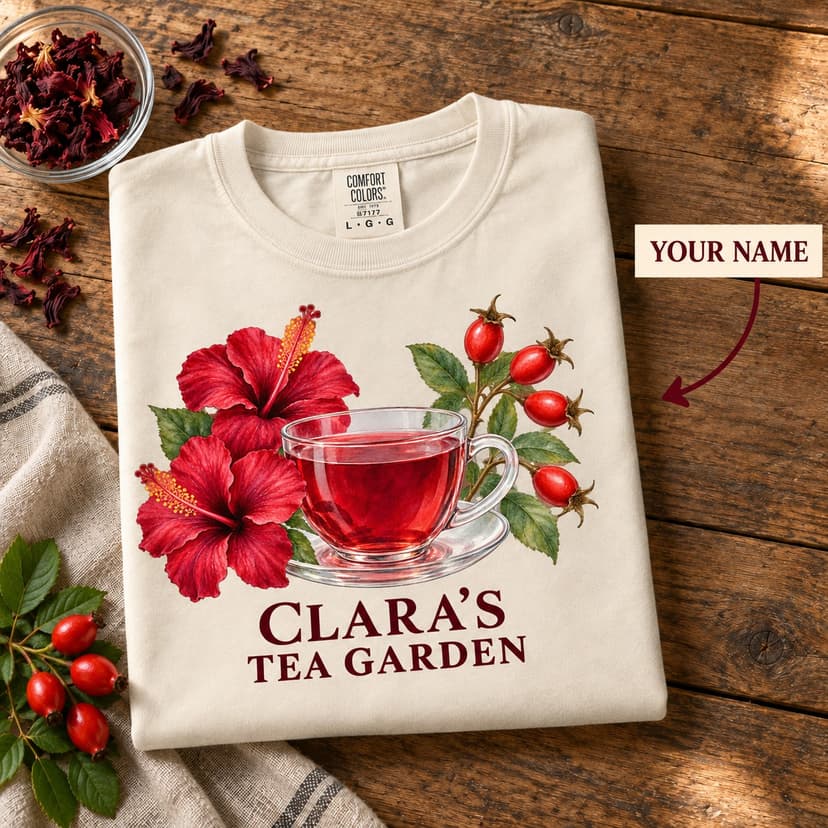 Personalized Hibiscus Rosehip Tea Garden Shirt, Watercolor Glass Teacup Comfort Colors Tee, Custom Name Botanical Gift