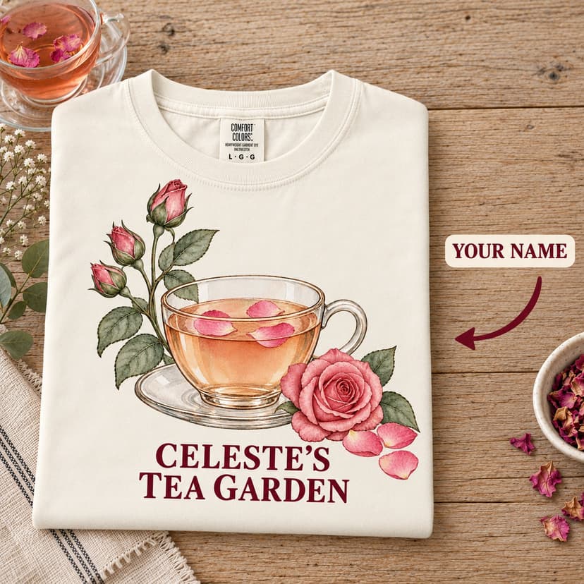 Personalized Rose Tea Garden Shirt, Watercolor Glass Teacup Botanical Comfort Colors Tee, Custom Name Tea Lover Gift