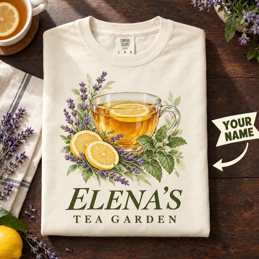 Personalized Lemon Lavender Tea Garden Shirt, Watercolor Botanical Teacup Comfort Colors Tee, Custom Name Tea Lover Gift