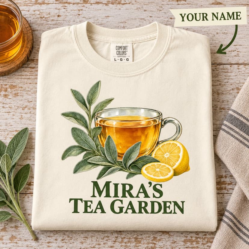 Personalized Sage and Lemon Tea Garden Shirt, Watercolor Glass Teacup Comfort Colors Tee, Custom Name Botanical Gift