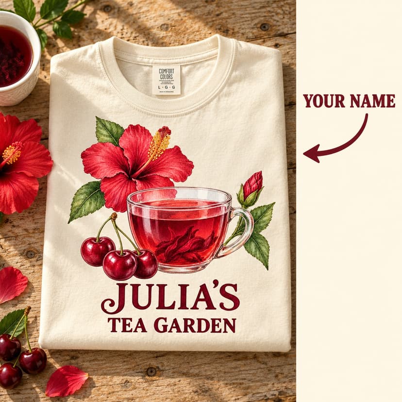 Personalized Cherry Hibiscus Tea Shirt, Watercolor Tea Garden Comfort Colors Tee, Custom Name Botanical Gift