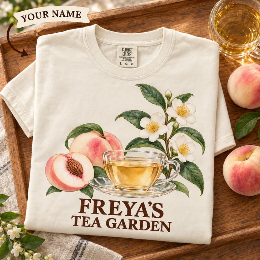 Personalized White Peach Tea Shirt, Watercolor Tea Blossom Garden Tee, Comfort Colors 1717 Botanical Tea Lover Gift