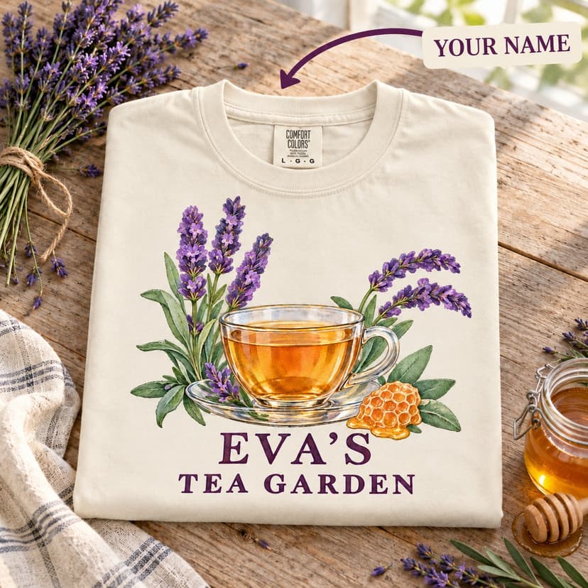 Personalized Lavender Honey Tea Shirt, Watercolor Botanical Tea Garden Tee, Comfort Colors 1717, Custom Name Tea Lover Gift