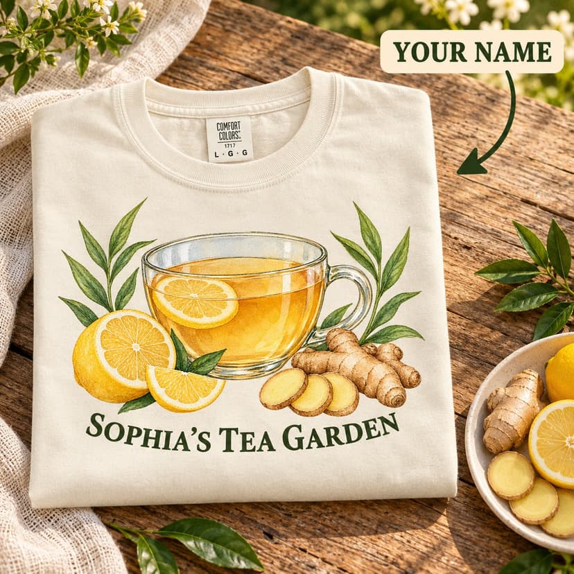 Personalized Ginger Lemon Tea Shirt, Watercolor Tea Garden T-Shirt, Custom Name Botanical Comfort Colors 1717 Tee