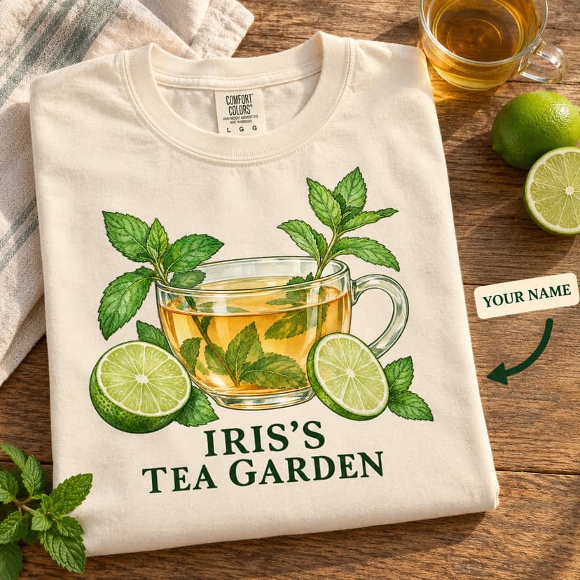 Personalized Mint Lime Tea Garden Shirt, Watercolor Glass Teacup Comfort Colors Tee, Custom Name Botanical Tea Lover Gift
