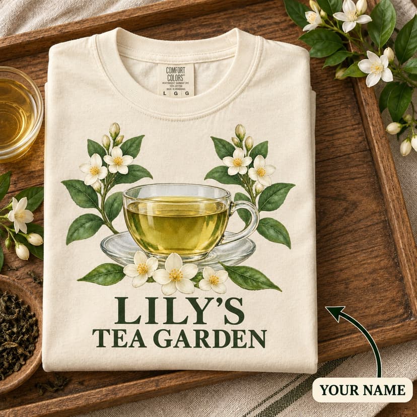 Personalized Jasmine Green Tea Garden Shirt, Watercolor Glass Teacup Comfort Colors Tee, Custom Name Botanical Tea Lover Gift