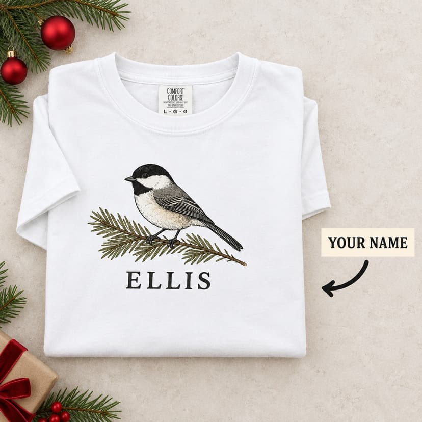 Personalized Christmas Chickadee T-Shirt, Custom Name Winter Wildlife Gift