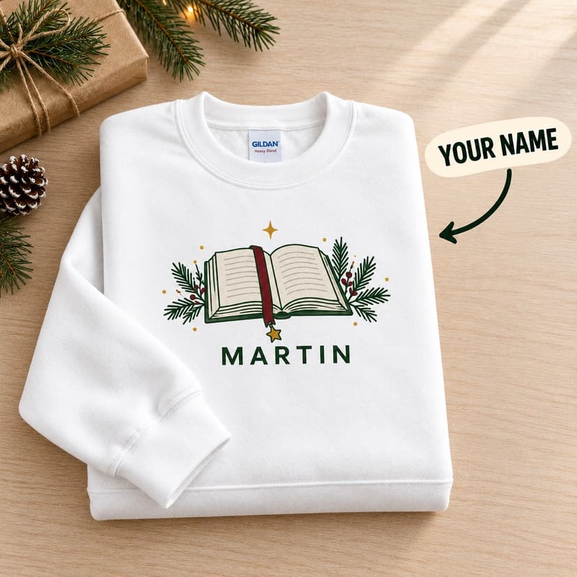 Personalized Christmas Book Lover Crewneck Sweatshirt with Custom Name, Holiday bookmark Gift