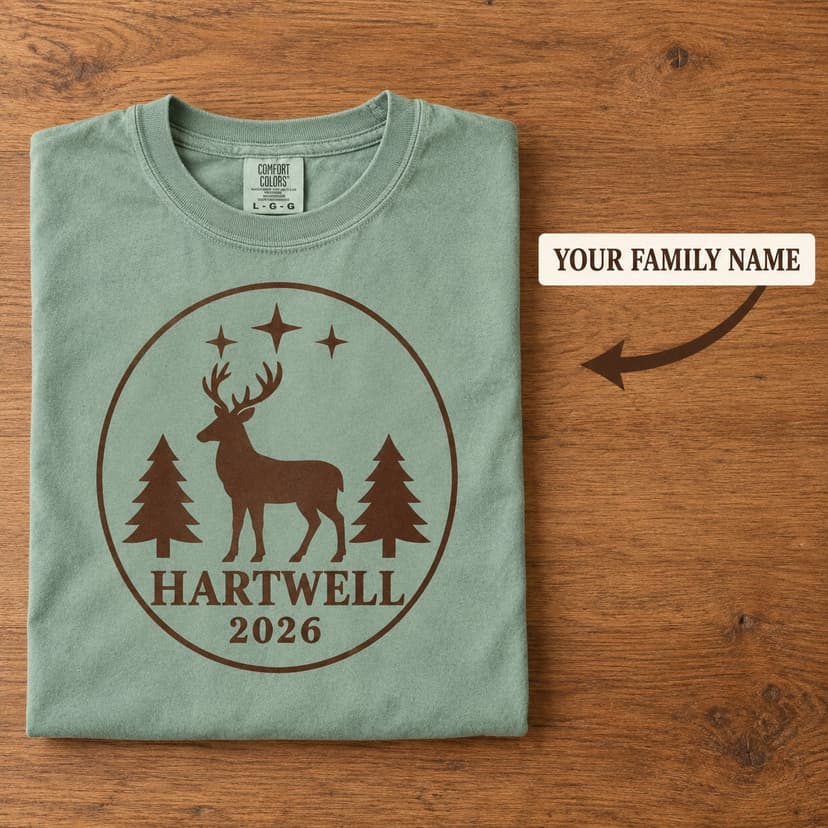Personalized Christmas Stag and fir oval Family Name Gift 1717