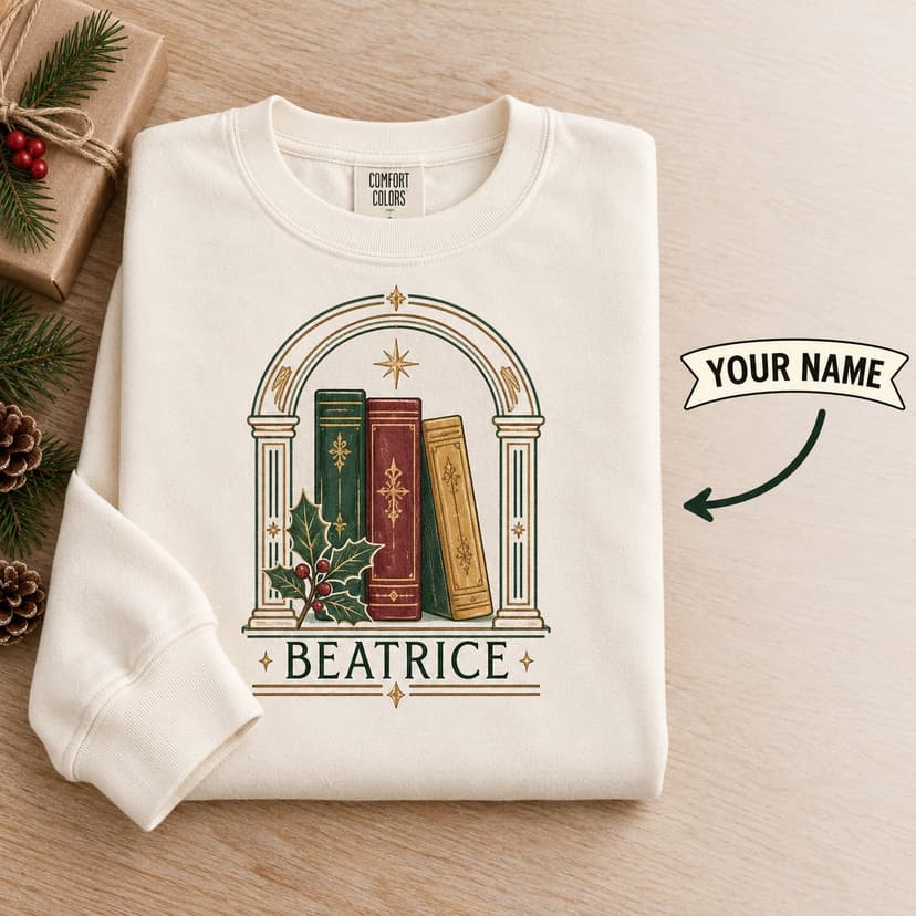 Personalized Christmas Book Lover Crewneck Sweatshirt with Custom Name, Christmas library arch Gift
