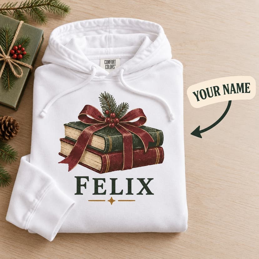 Personalized Christmas Book Lover Lightweight Hoodie with Custom Name, Christmas book ribbon Gift