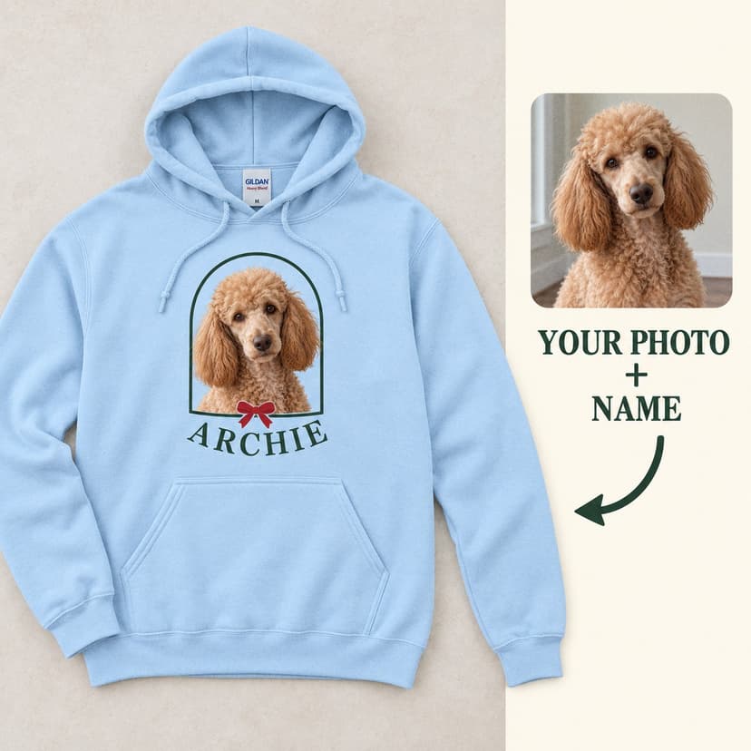 Personalized Christmas Pet Portrait Hoodie, Custom Pet Photo and Name, Festive Arch Holiday Gift