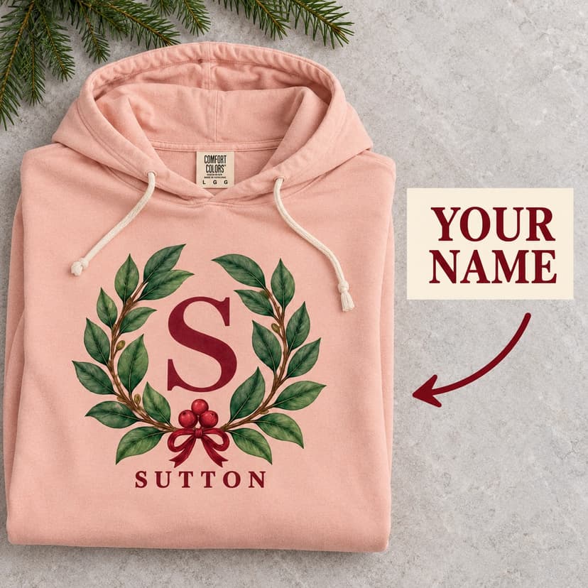 Personalized Christmas Magnolia Holiday Ring Monogram Hoodie, Custom Initial and Name Botanical Gift