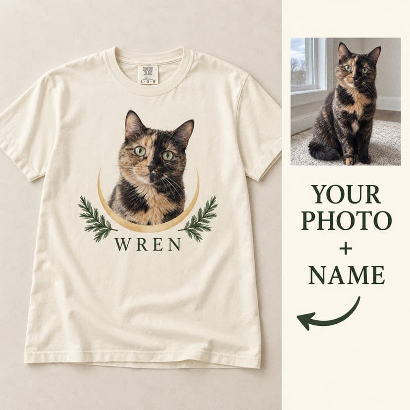 Personalized Christmas Pet Portrait T-Shirt, Custom Pet Photo and Name, Winter Moon Holiday Gift