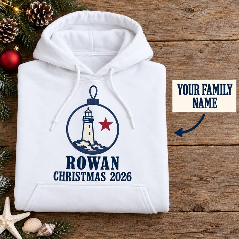 Personalized Coastal Christmas Hoodie, Lighthouse ornament family name, Custom Holiday Gift