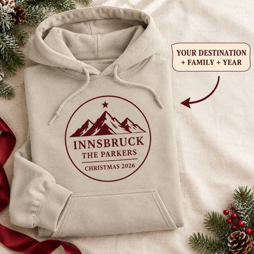 Personalized Christmas Travel Hoodie with Custom Destination Names and Year