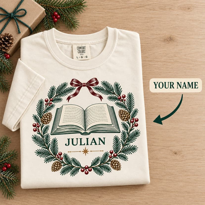 Personalized Christmas Book Lover Tee with Custom Name, Winter reading wreath Gift