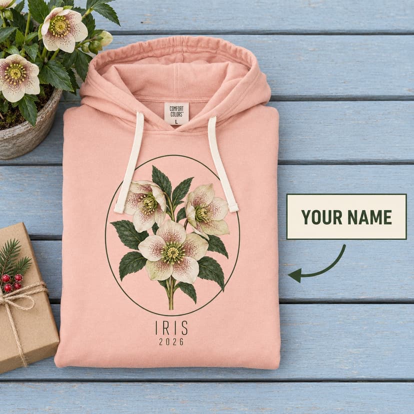 Personalized Hellebore Winter Bloom Christmas Hoodie, Custom Name Winter Botanical Gardener Gift