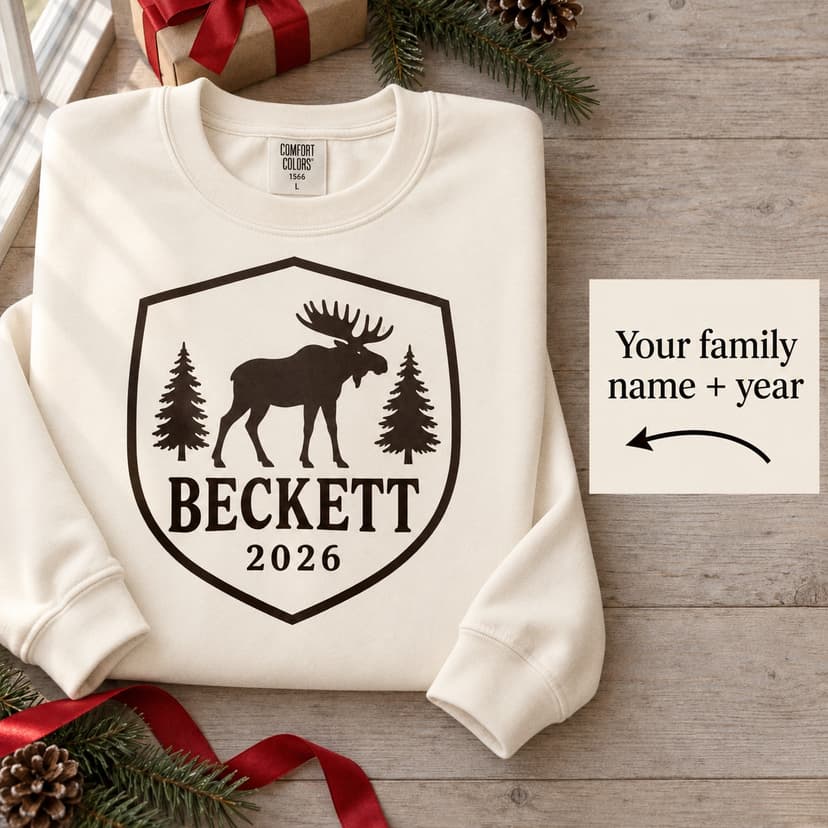Personalized Christmas Woodland Moose Sweatshirt, Custom Family Name Year, Forest Crest Holiday Gift