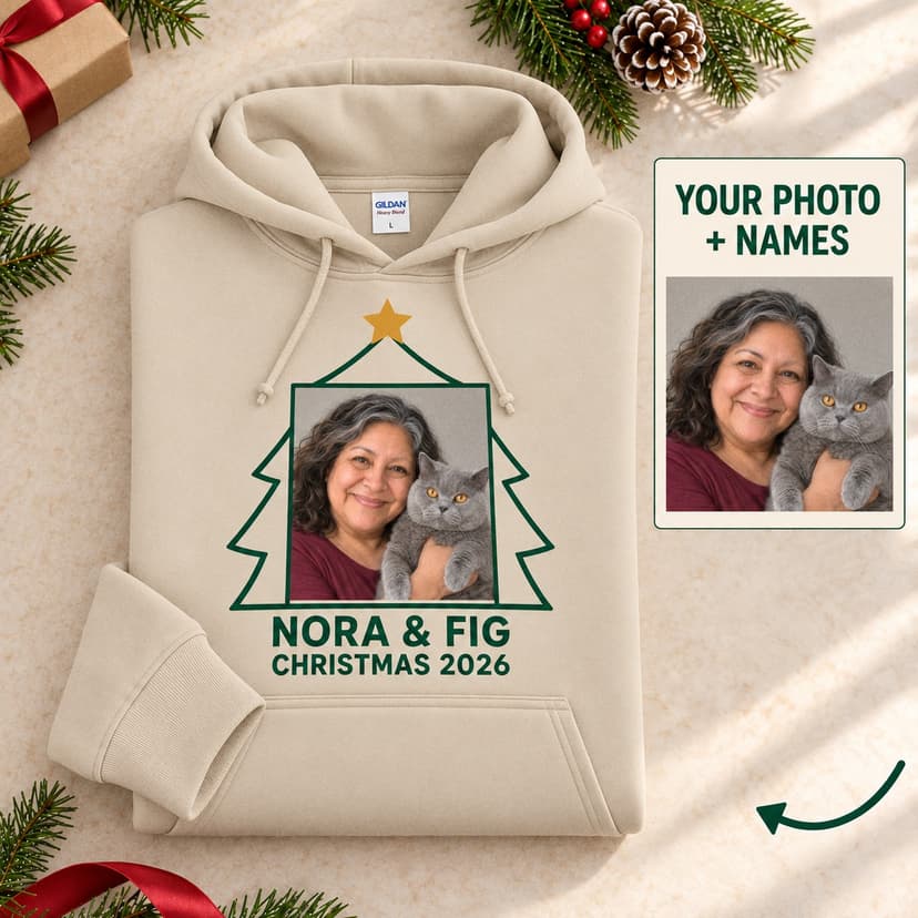 Personalized Pet and Owner Christmas Photo Hoodie, Custom Portrait and Names Gift