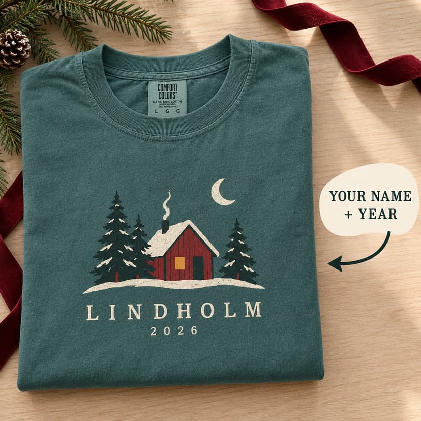 Personalized Nordic Cabin Christmas Tee, Custom Family Name Winter Forest Gift