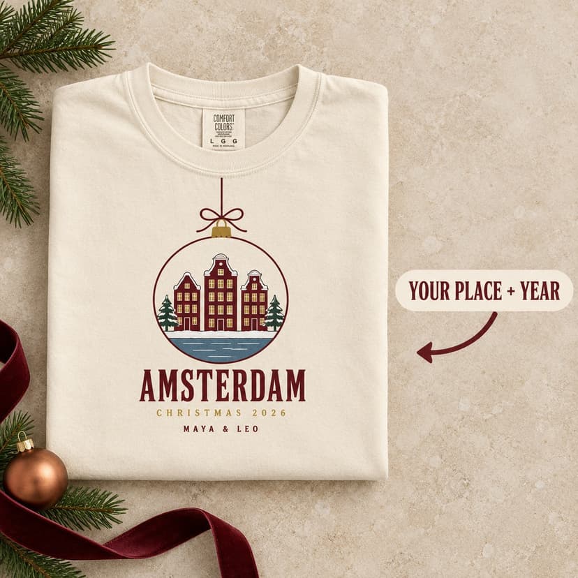 Personalized Christmas Travel Tee, Custom Destination Year and Names, Canal Ornament Comfort Colors Shirt