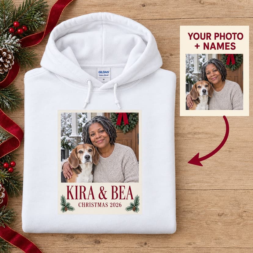 Personalized Pet and Owner Christmas Photo Hoodie, Custom Portrait and Names Gift