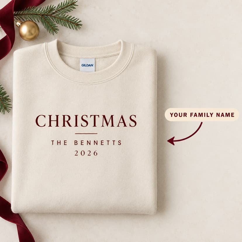 Personalized Family Christmas Sweatshirt, Minimal Serif Name and Year, Custom Holiday Crewneck Gift