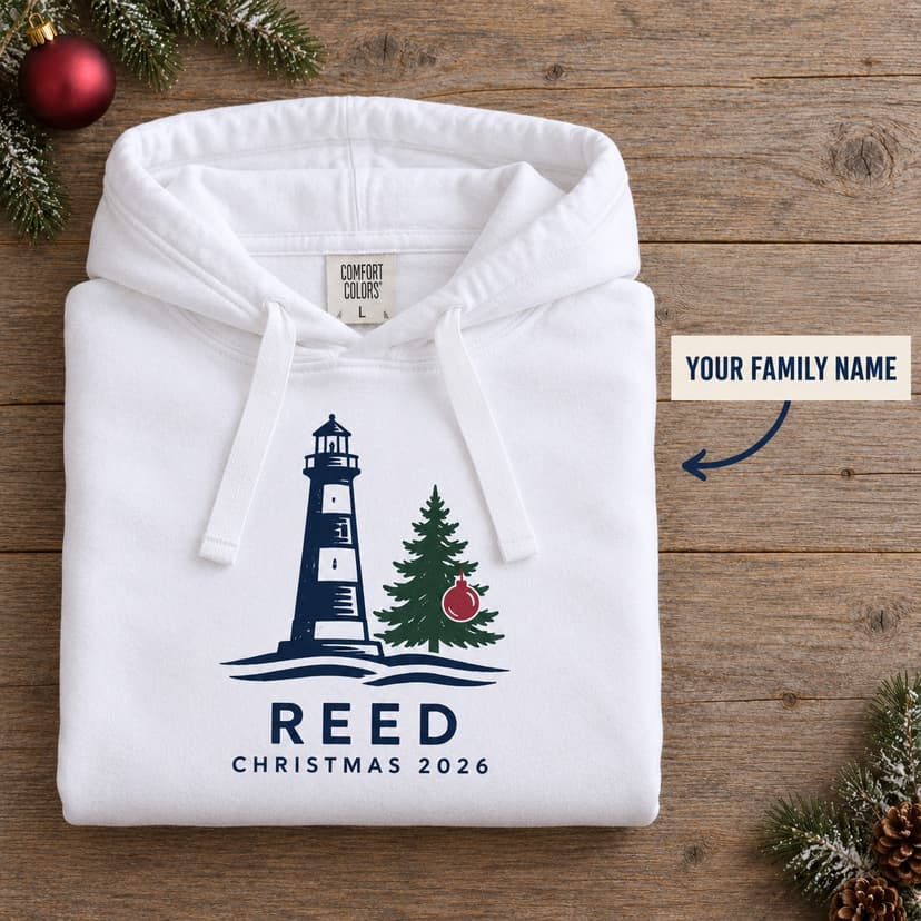 Personalized Coastal Christmas Hoodie, Coastal pine lighthouse name, Custom Holiday Gift