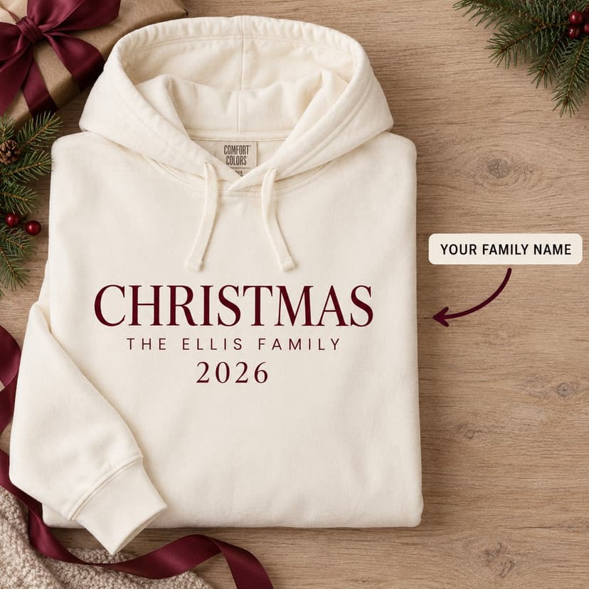 Personalized Christmas Family Name Hoodie, Minimal Serif Year Design, Comfort Colors 1467 Lightweight Cotton Gift