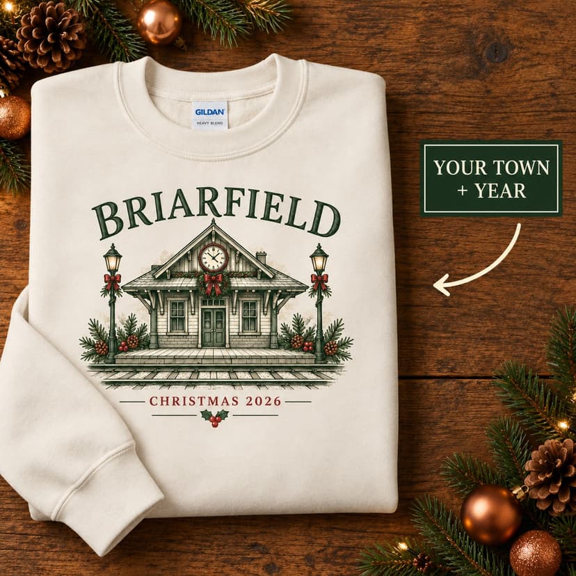 Personalized Christmas Railway Station Sweatshirt, Custom Hometown and Year, Vintage Architecture Gift