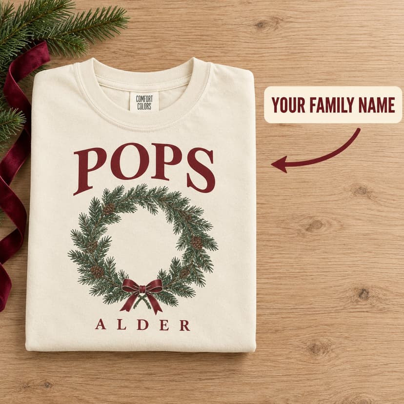 Personalized Christmas Pine Medallion T Shirt, Custom Grandparent Title and Family Name Gift