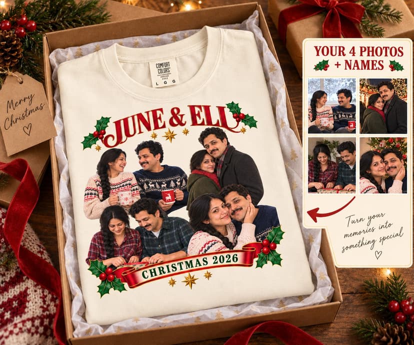 Personalized Christmas Couple Photo Collage T-Shirt, Custom Names Holiday Gift