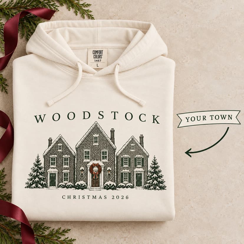 Personalized Hometown Christmas Hoodie, Custom Town Name Winter Architecture, Comfort Colors 1467 Gift