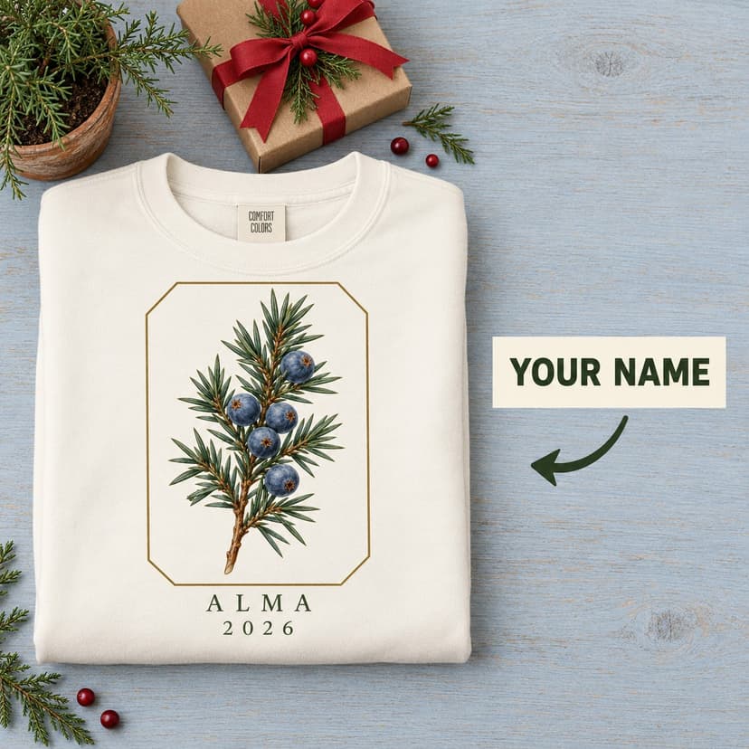 Personalized Juniper Christmas Sweatshirt, Custom Name Blue Berry Botanical Gift