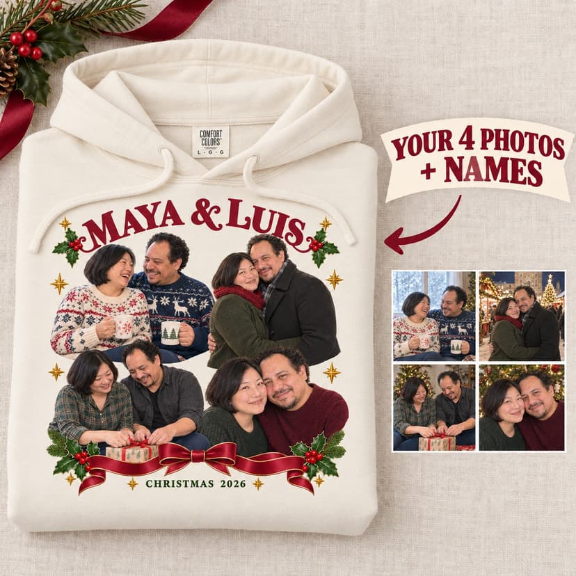 Personalized Christmas Couple Photo Collage Hoodie, Custom Names Holiday Gift