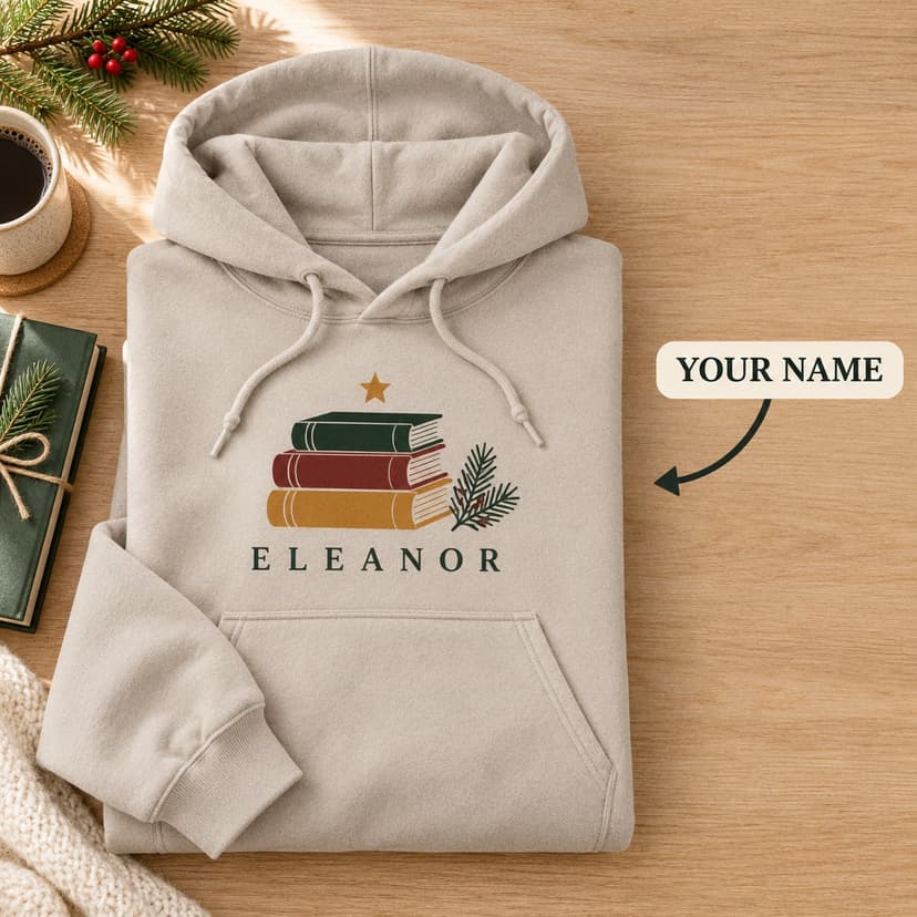 Personalized Christmas Book Lover Hoodie with Custom Name, Christmas book stack Gift