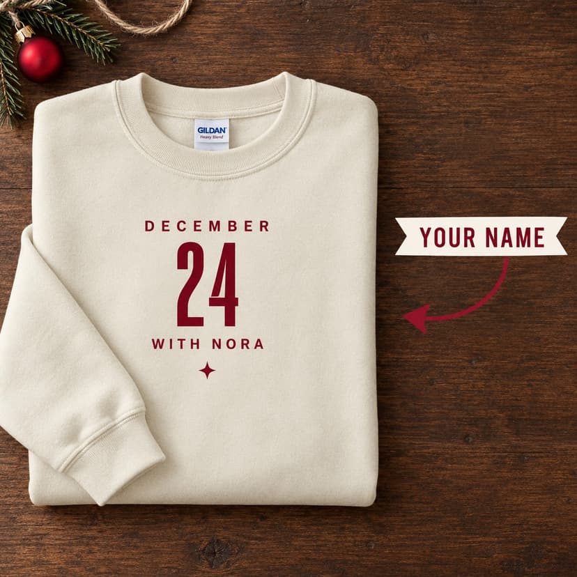 Personalized Christmas Eve Sweatshirt, Custom Name December 24 Crewneck, Minimal Holiday Typography, Gildan 18000