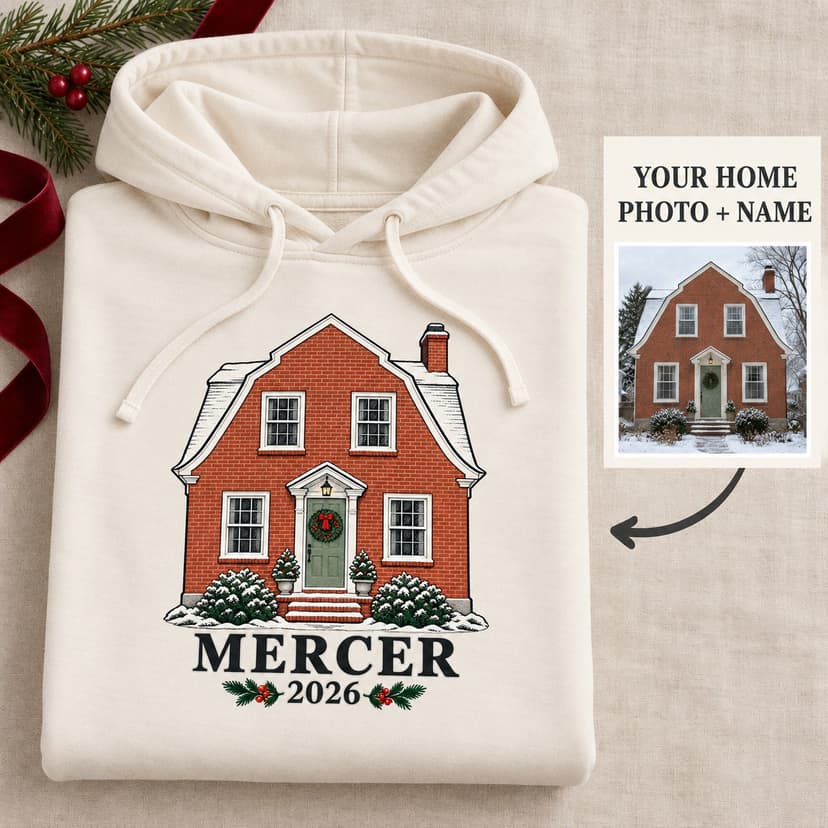 Personalized Christmas Home Portrait Hoodie, Custom Winter House Photo Gift