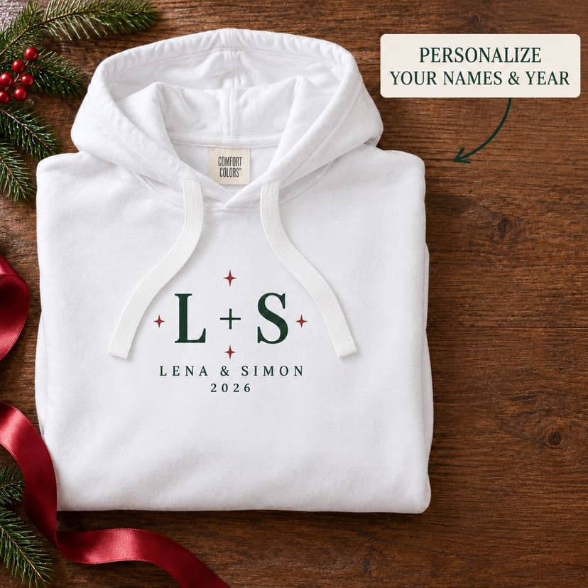 Personalized First Christmas Hoodie, Winter Star Initial Seal, Newlywed Couple Names and Year Gift