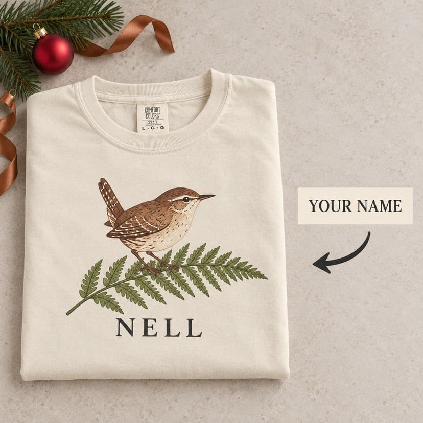 Personalized Christmas Wren T-Shirt, Custom Name Winter Wildlife Gift