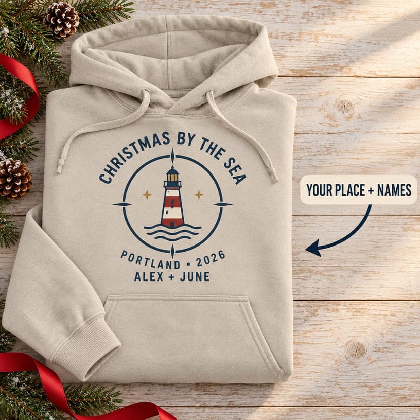 Personalized Coastal Christmas Hoodie, Custom Place and Couple Names Travel Memory, Gildan 18500