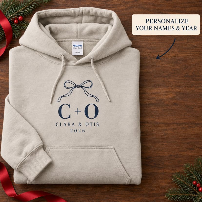 Personalized First Christmas Hoodie, Ribbon Bow Couple Monogram, Newlywed Couple Names and Year Gift