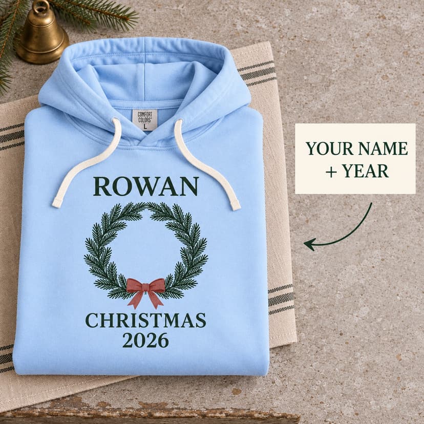 Personalized Christmas Family Wreath Hoodie, Custom Surname and Year, Comfort Colors 1467 Family Reunion Gift